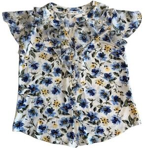 Perseption Concept Floral Ruffle Blouse Button Down Top Short Sleeve Size L